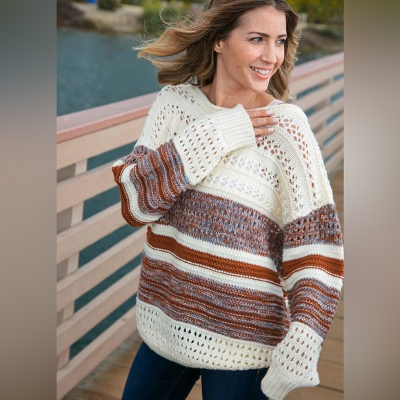 Two Toned Textured Striped Color Block Sweater, Sz Small, cream/brown/blue tones - Picture 7 of 9